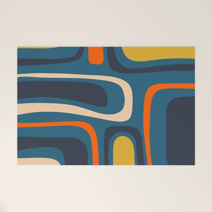 Palm Springs Retro Mid Century Modern Abstract Pattern Blue Orange Mustard Beige Welcome Mat Gallery Image 1