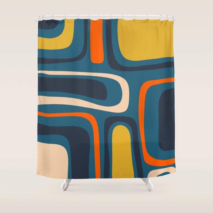 Palm Springs Retro Mid Century Modern Abstract Pattern Blue Orange Mustard Beige Shower Curtain Gallery Image 1