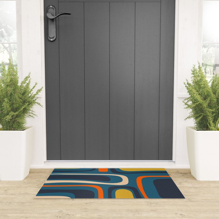 Palm Springs Retro Mid Century Modern Abstract Pattern Blue Orange Mustard Beige Welcome Mat Gallery Image 3