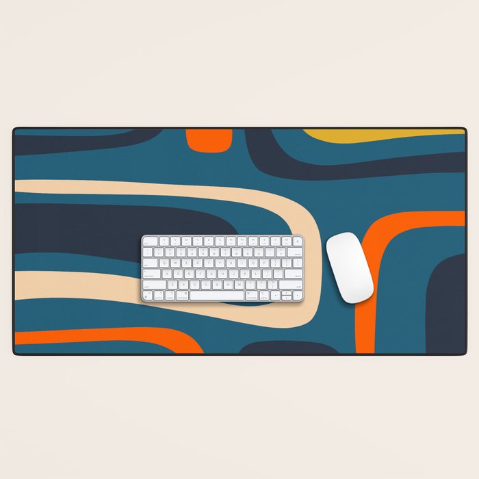 Palm Springs Retro Mid Century Modern Abstract Pattern Blue Orange Mustard Beige Desk Mat Gallery Image 1