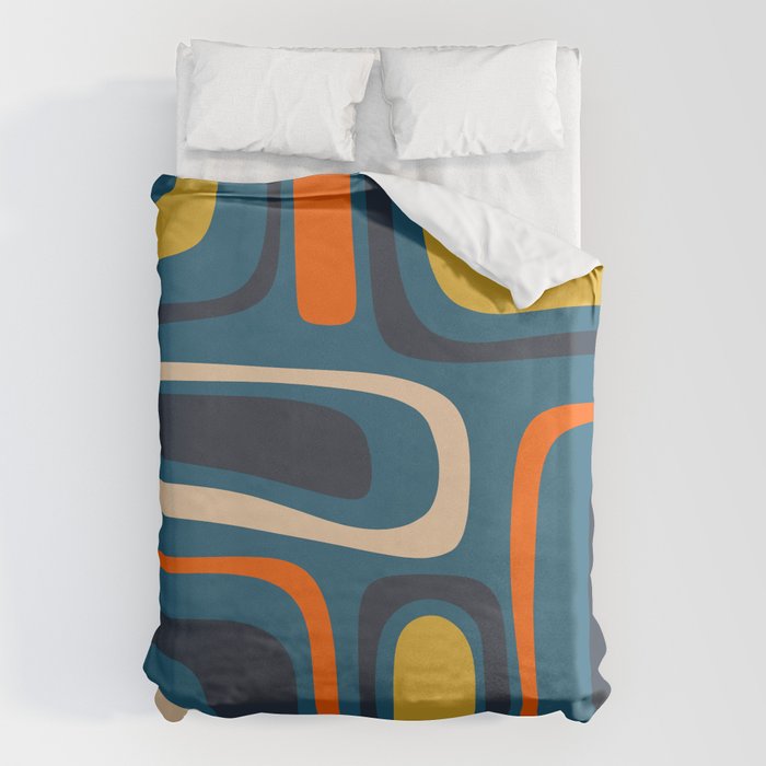 Palm Springs Retro Mid Century Modern Abstract Pattern Blue Orange Mustard Beige Duvet Cover Gallery Image 1
