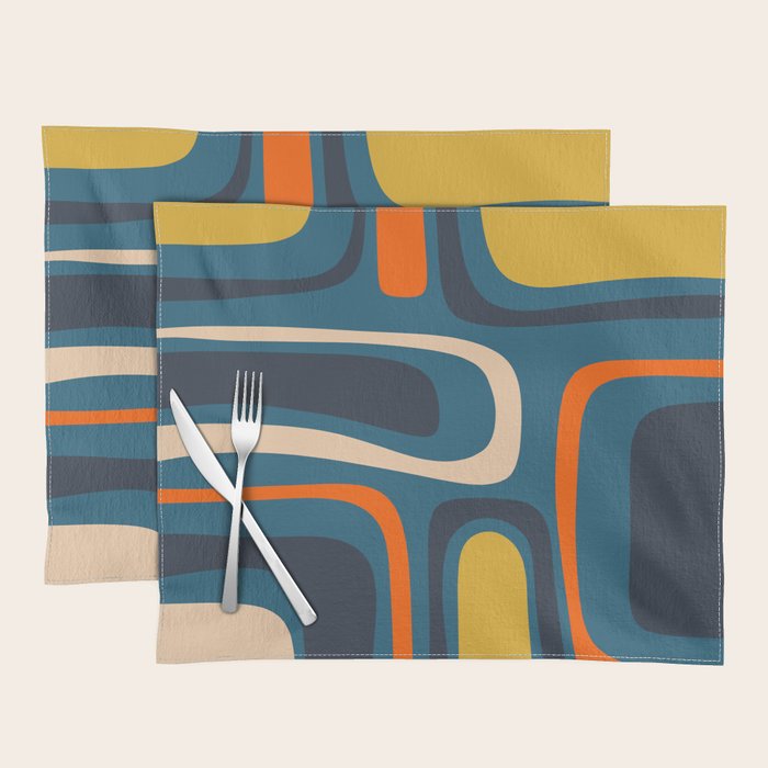Palm Springs Retro Mid Century Modern Abstract Pattern Blue Orange Mustard Beige Placemat Gallery Image 1
