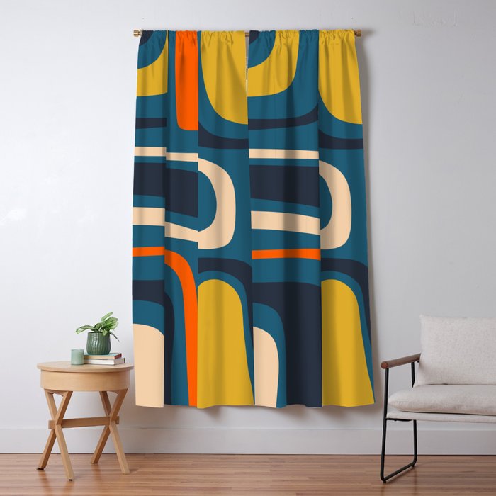Palm Springs Retro Mid Century Modern Abstract Pattern Blue Orange Mustard Beige Window Curtain Gallery Image 5