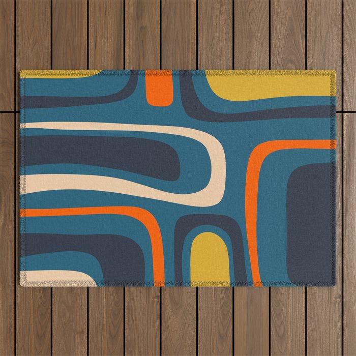 Palm Springs Retro Mid Century Modern Abstract Pattern Blue Orange Mustard Beige Outdoor Rug Gallery Image 1