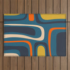 Palm Springs Retro Mid Century Modern Abstract Pattern Blue Orange Mustard Beige Outdoor Rug Gallery Image 1