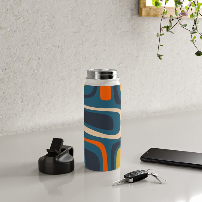 Palm Springs Retro Mid Century Modern Abstract Pattern Blue Orange Mustard Beige Water Bottle Gallery Image 4