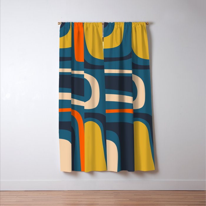 Palm Springs Retro Mid Century Modern Abstract Pattern Blue Orange Mustard Beige Window Curtain Gallery Image 3