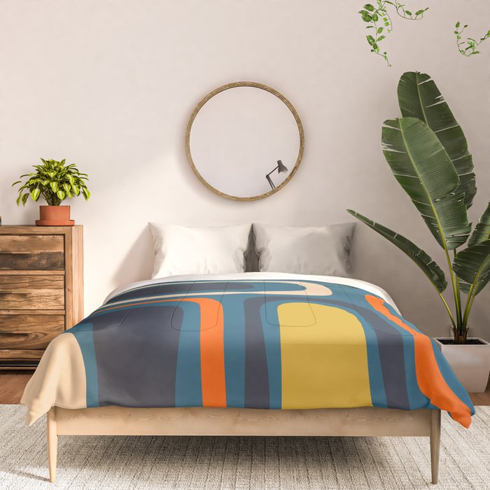 Palm Springs Retro Mid Century Modern Abstract Pattern Blue Orange Mustard Beige Comforter Gallery Image 3
