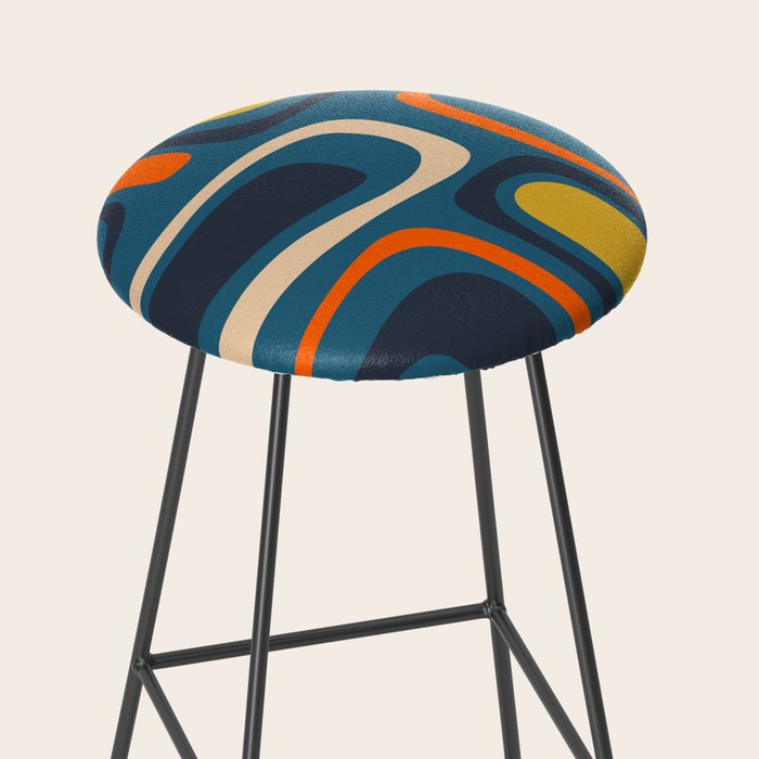 Palm Springs Retro Mid Century Modern Abstract Pattern Blue Orange Mustard Beige Stool Gallery Image 2