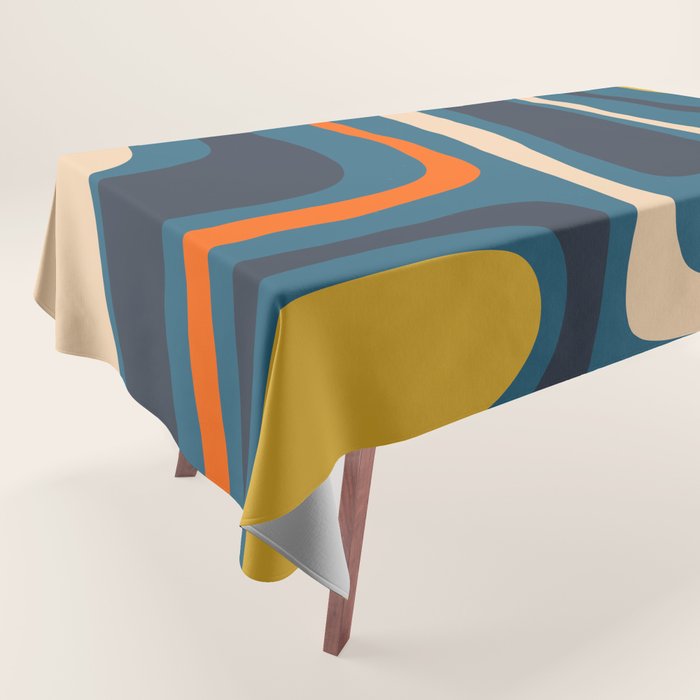 Palm Springs Retro Mid Century Modern Abstract Pattern Blue Orange Mustard Beige Tablecloth Gallery Image 1