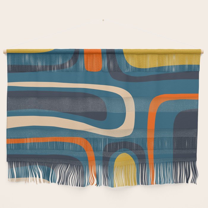 Palm Springs Retro Mid Century Modern Abstract Pattern Blue Orange Mustard Beige Wall Hanging Gallery Image 1
