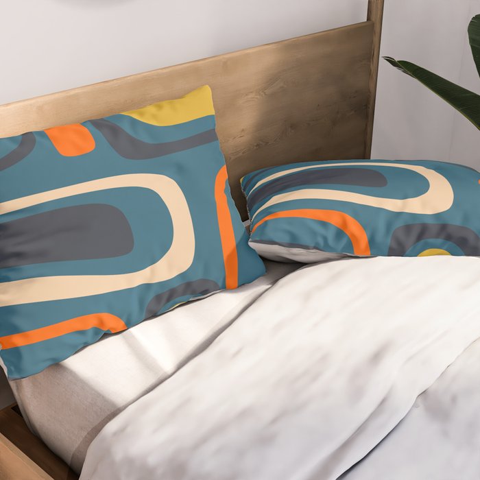 Palm Springs Retro Mid Century Modern Abstract Pattern Blue Orange Mustard Beige Pillow Sham Gallery Image 2