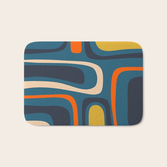 Palm Springs Retro Mid Century Modern Abstract Pattern Blue Orange Mustard Beige Bath Mat Gallery Image 1