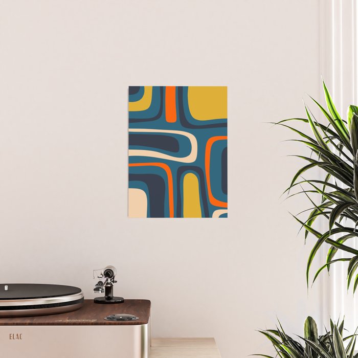 Palm Springs Retro Mid Century Modern Abstract Pattern Blue Orange Mustard Beige Poster Gallery Image 2