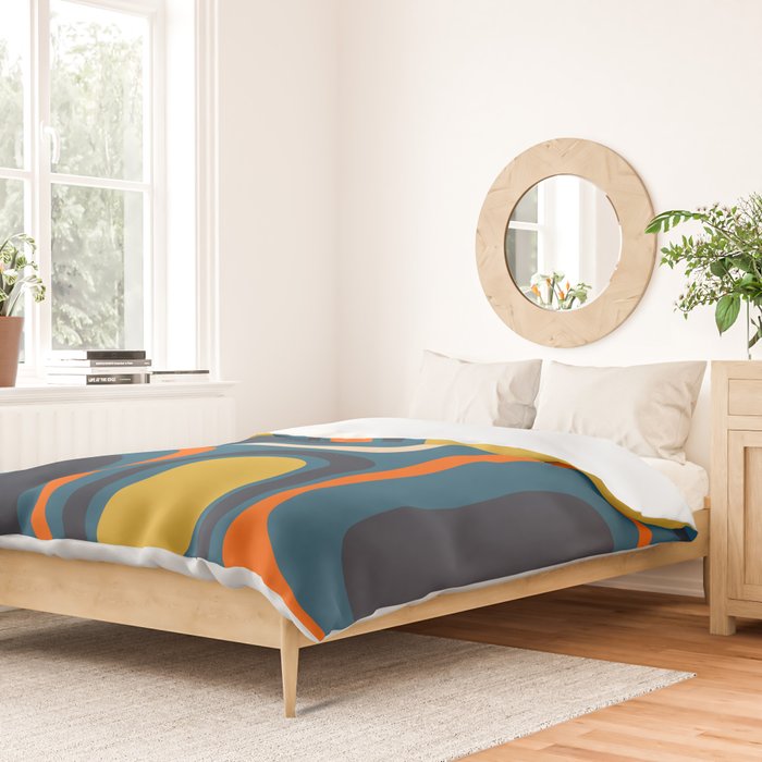 Palm Springs Retro Mid Century Modern Abstract Pattern Blue Orange Mustard Beige Duvet Cover Gallery Image 2