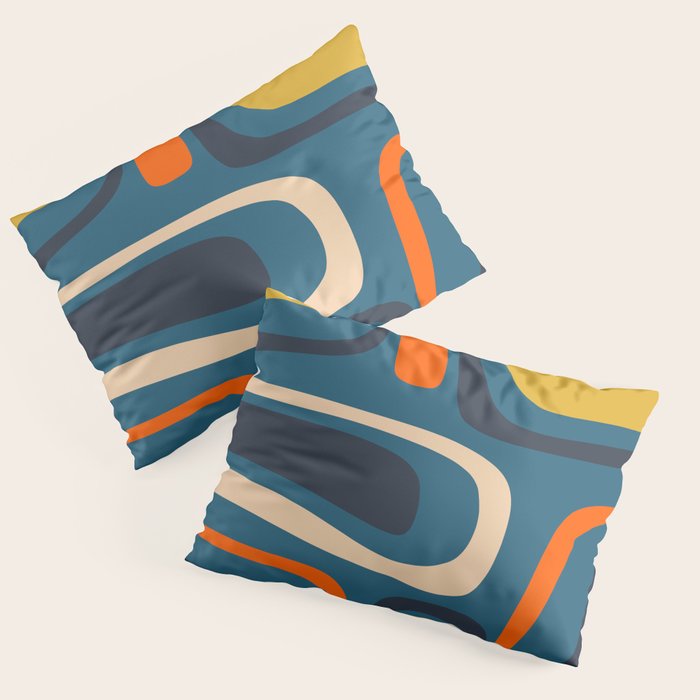Palm Springs Retro Mid Century Modern Abstract Pattern Blue Orange Mustard Beige Pillow Sham Gallery Image 3
