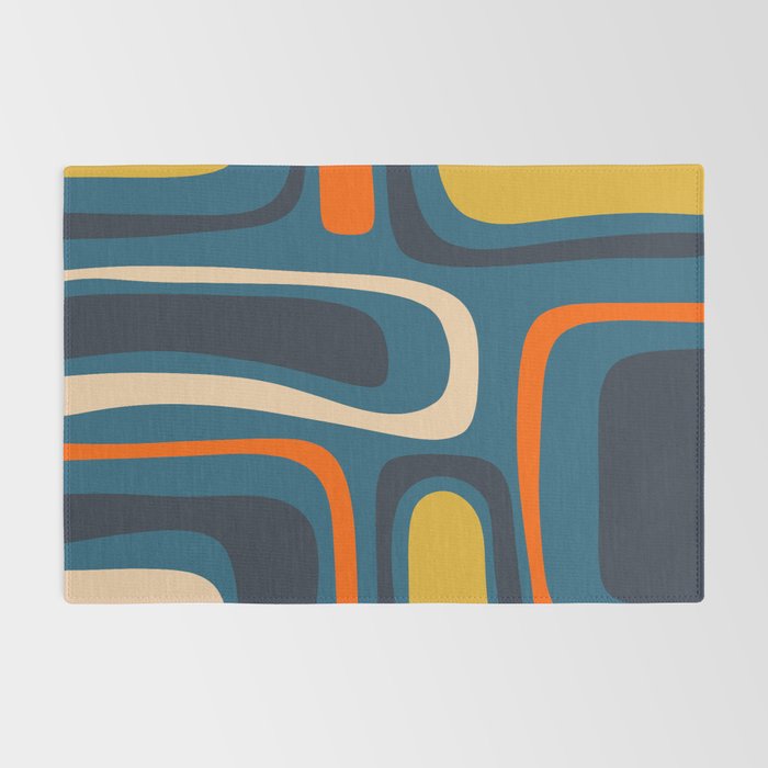 Palm Springs Retro Mid Century Modern Abstract Pattern Blue Orange Mustard Beige Rug Gallery Image 2