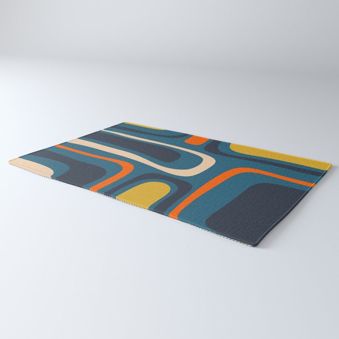 Palm Springs Retro Mid Century Modern Abstract Pattern Blue Orange Mustard Beige Rug Gallery Image 3