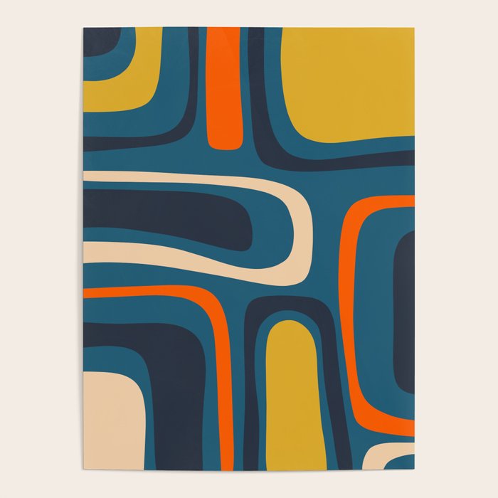 Palm Springs Retro Mid Century Modern Abstract Pattern Blue Orange Mustard Beige Poster Gallery Image 1