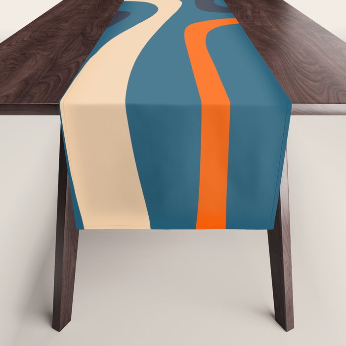 Palm Springs Retro Mid Century Modern Abstract Pattern Blue Orange Mustard Beige Table Runner Gallery Image 1