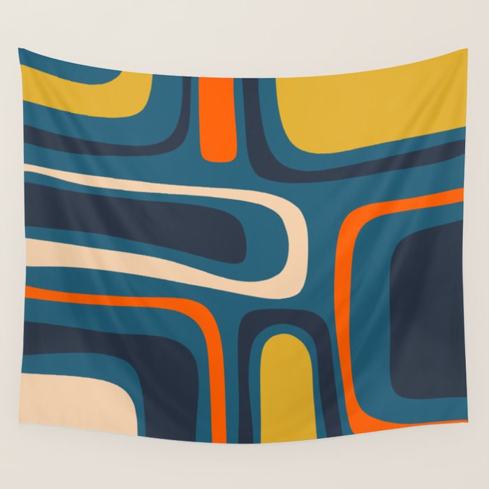 Palm Springs Retro Mid Century Modern Abstract Pattern Blue Orange Mustard Beige Wall Tapestry Gallery Image 4