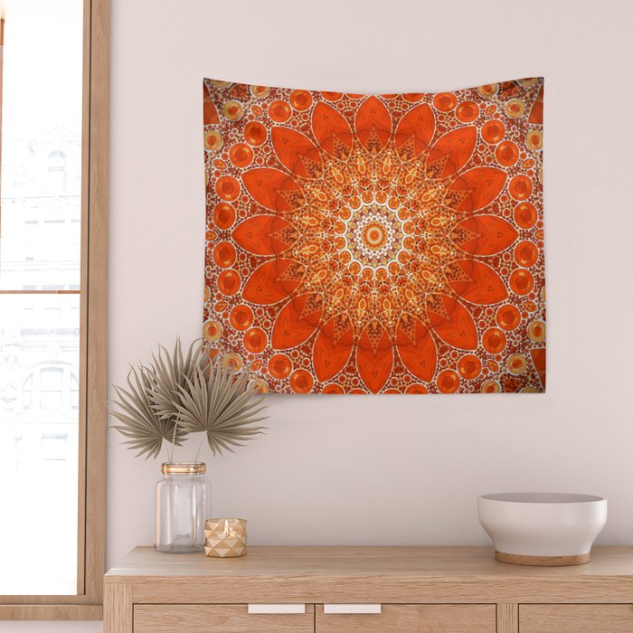 Detailed Orange Boho Mandala Wall Tapestry Gallery Image 2