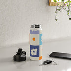 Retro floral checkerboard Water Bottle Gallery Image 4