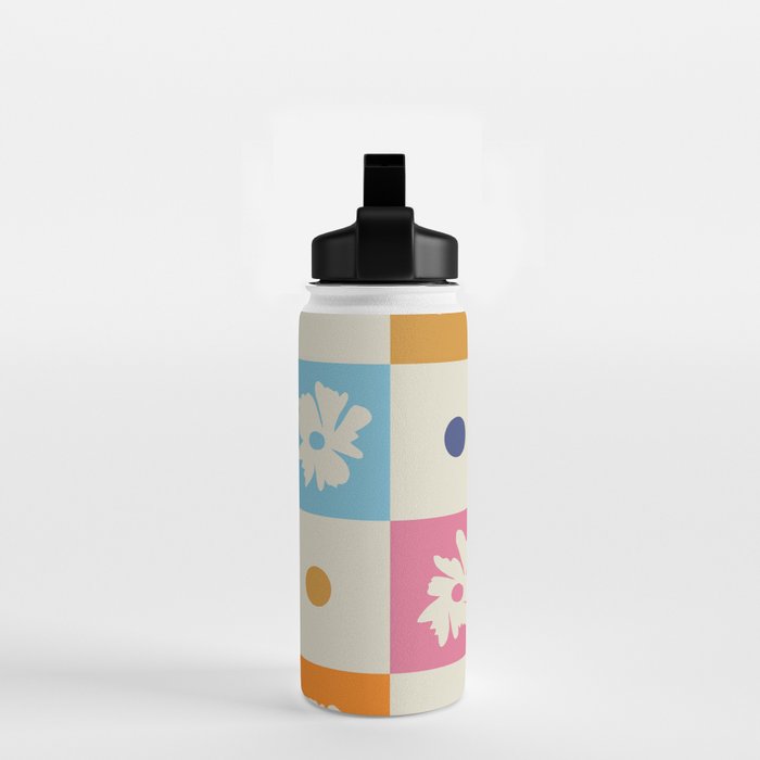 Retro floral checkerboard Water Bottle Gallery Image 2