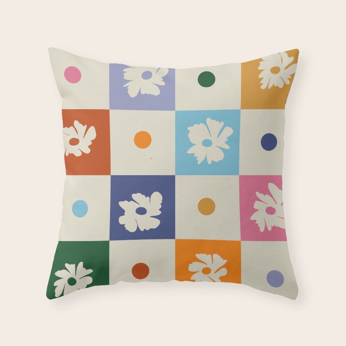 Retro floral checkerboard Throw Pillow Gallery Image 1