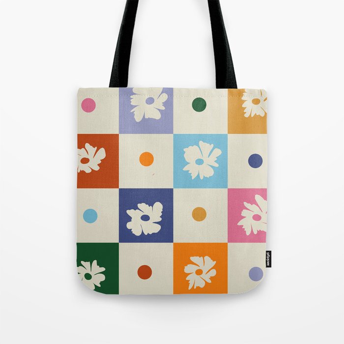 Retro floral checkerboard Tote Bag Gallery Image 1