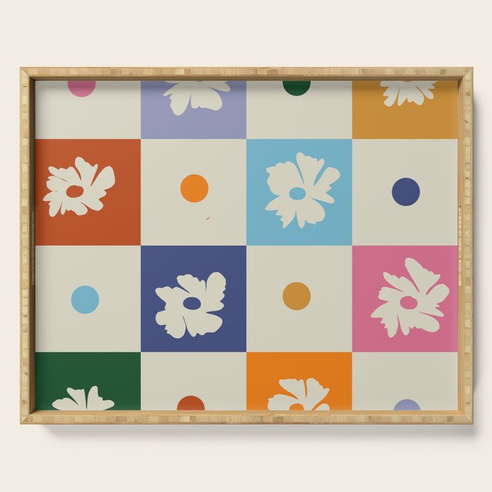 Retro floral checkerboard Serving Tray Gallery Image 1