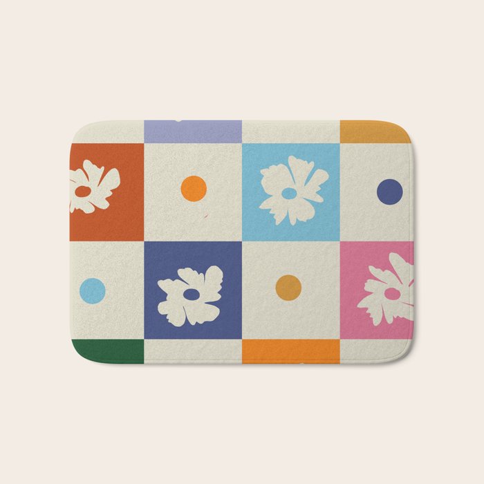 Retro floral checkerboard Bath Mat Gallery Image 1