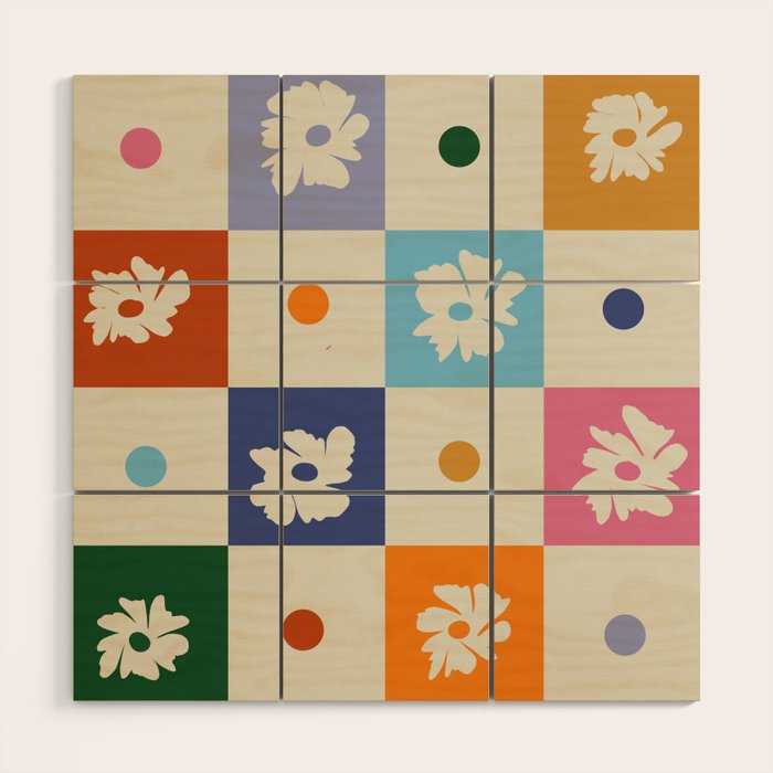 Retro floral checkerboard Wood Wall Art Gallery Image 1