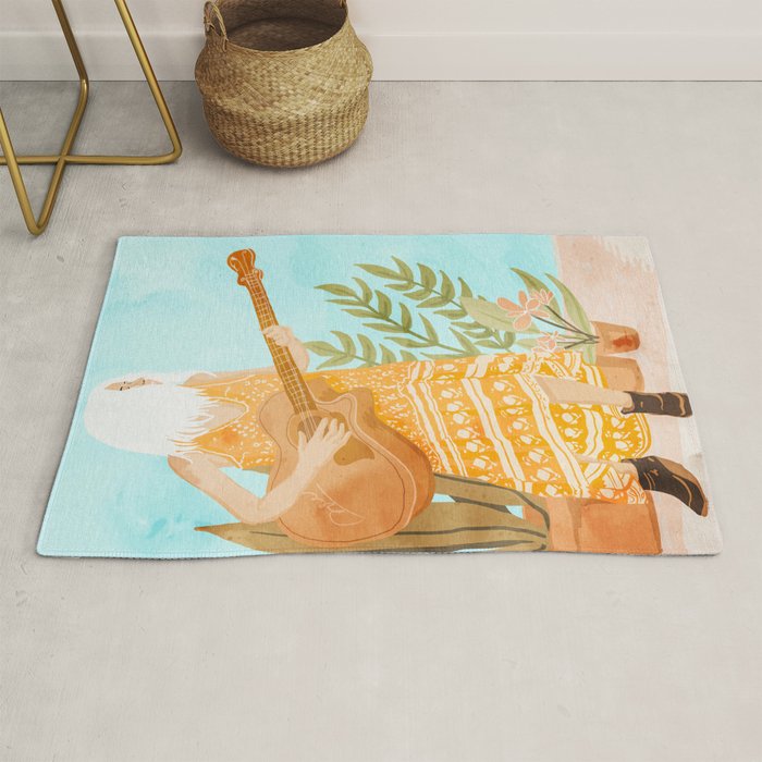 Music Soothes My Soul | Urban Hippie Bohemian Woman Playing the Guitar | Plant Lady Painting Rug Gallery Image 1