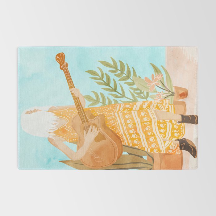 Music Soothes My Soul | Urban Hippie Bohemian Woman Playing the Guitar | Plant Lady Painting Rug Gallery Image 2