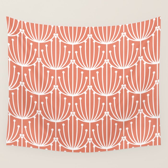 Retro Art, Floral Prints, Coral and White Wall Tapestry Gallery Image 1