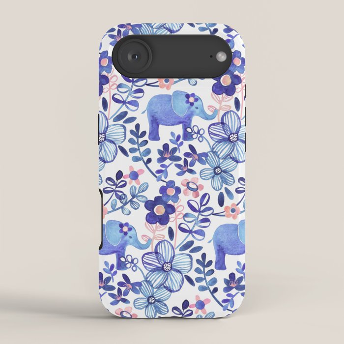 Pale Coral, White and Purple Elephant and Floral Watercolor Pattern iPhone Case Gallery Image 2