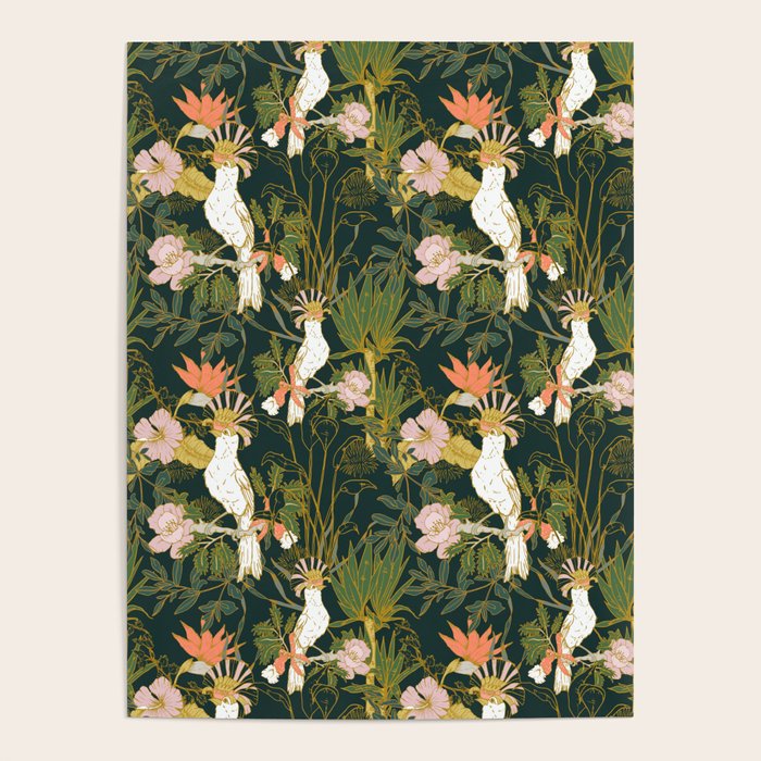 Drawing of exotic birds in the dark jungle Poster Gallery Image 1