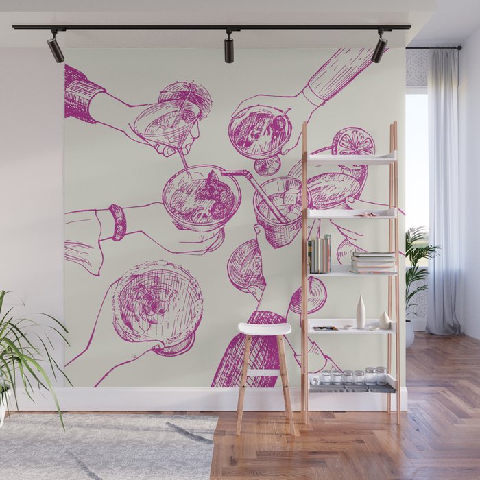 Cheers - Pink Retro Cocktails, Vintage Illustration Wall Mural Gallery Image 1