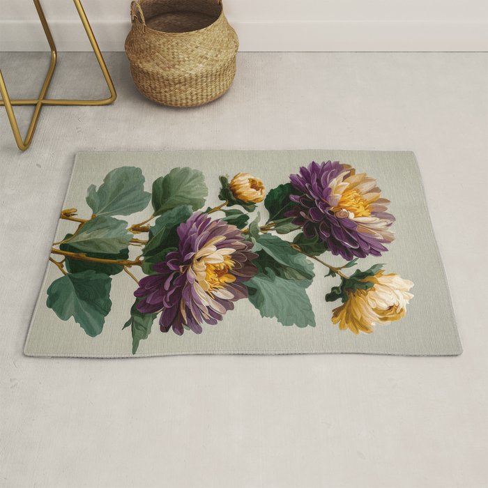 Birthflower Gift Aster Flower Art Floral Print Japanese Wall Art Poster Birthday Painting for her Rug Gallery Image 1