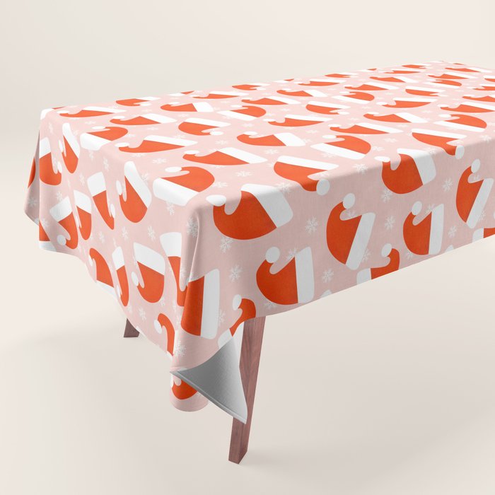 Red Santa Hats & Snowflakes on Linen Pink - Modern Festive Pattern Tablecloth Gallery Image 1