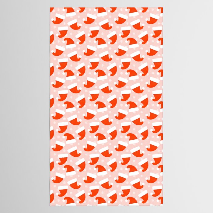 Red Santa Hats & Snowflakes on Linen Pink - Modern Festive Pattern Tablecloth Gallery Image 2