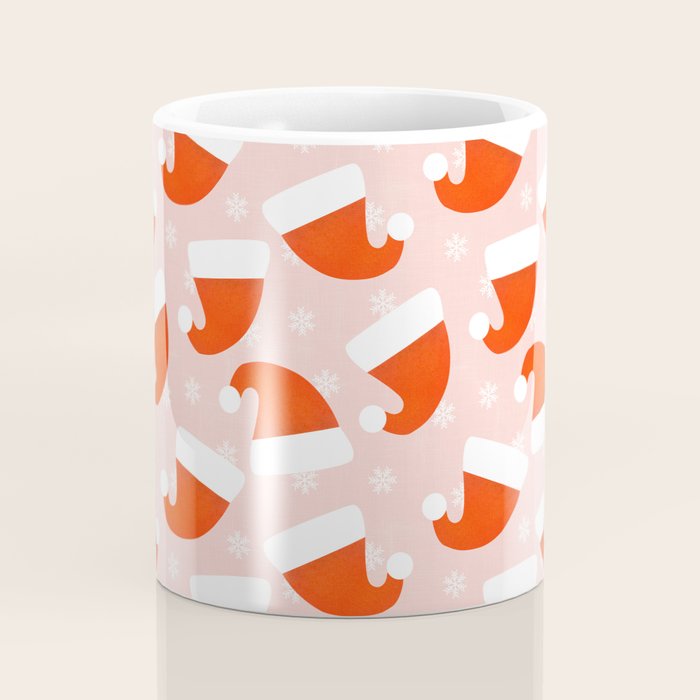 Red Santa Hats & Snowflakes on Linen Pink - Modern Festive Pattern Coffee Mug Gallery Image 4