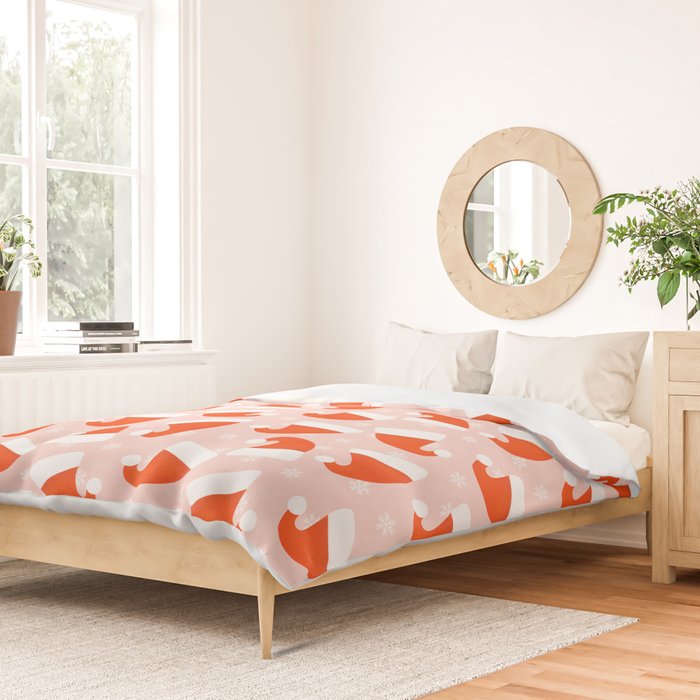 Red Santa Hats & Snowflakes on Linen Pink - Modern Festive Pattern Duvet Cover Gallery Image 2