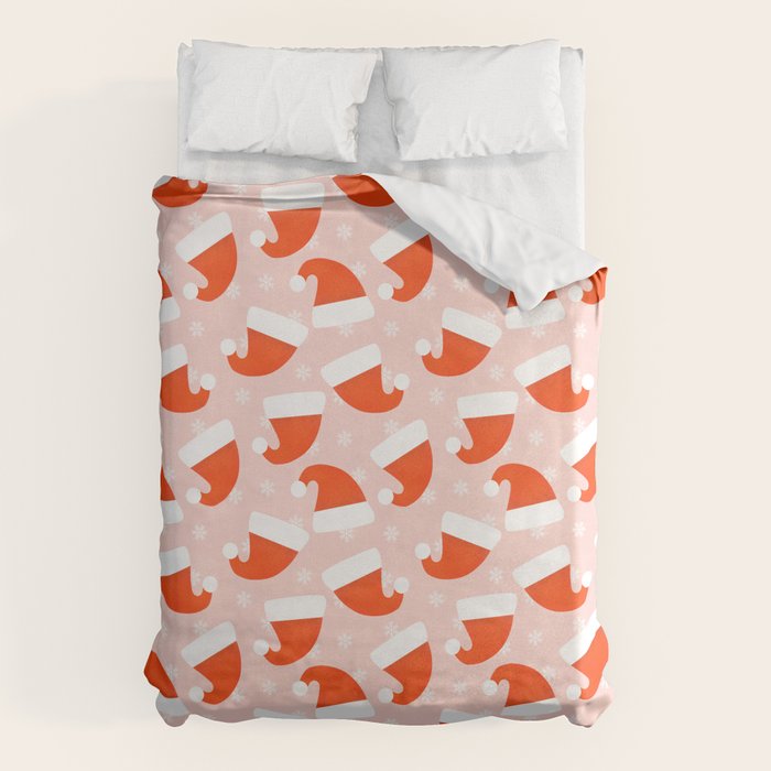 Red Santa Hats & Snowflakes on Linen Pink - Modern Festive Pattern Duvet Cover Gallery Image 1