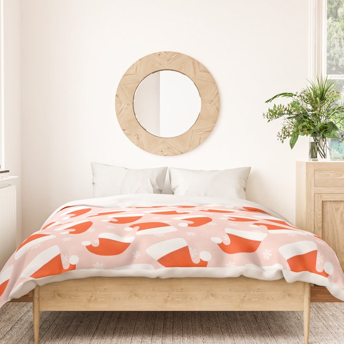 Red Santa Hats & Snowflakes on Linen Pink - Modern Festive Pattern Duvet Cover Gallery Image 3