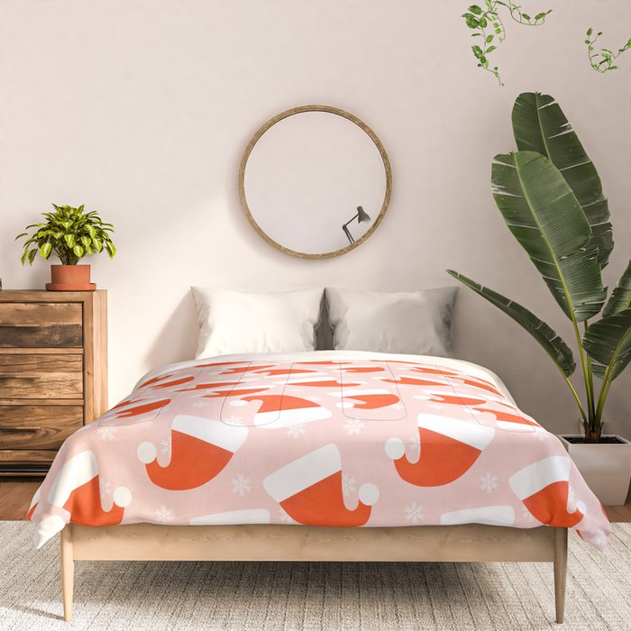 Red Santa Hats & Snowflakes on Linen Pink - Modern Festive Pattern Comforter Gallery Image 3