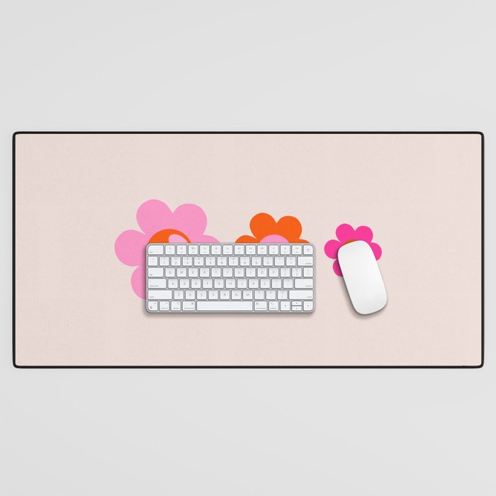 Les Fleurs | 01 - Abstract Retro Floral, Pink And Orange Print Preppy Flowers Desk Mat Gallery Image 1