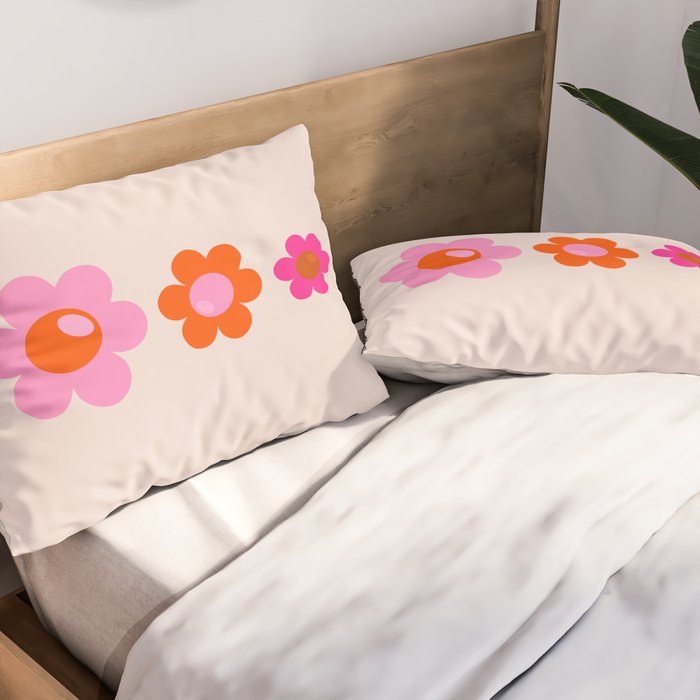 Les Fleurs | 01 - Abstract Retro Floral, Pink And Orange Print Preppy Flowers Pillow Sham Gallery Image 2