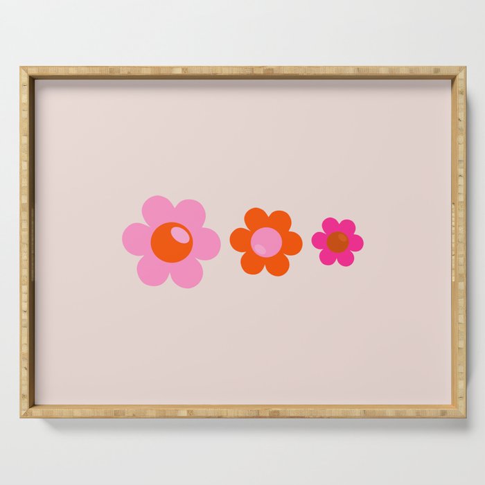Les Fleurs | 01 - Abstract Retro Floral, Pink And Orange Print Preppy Flowers Serving Tray Gallery Image 1